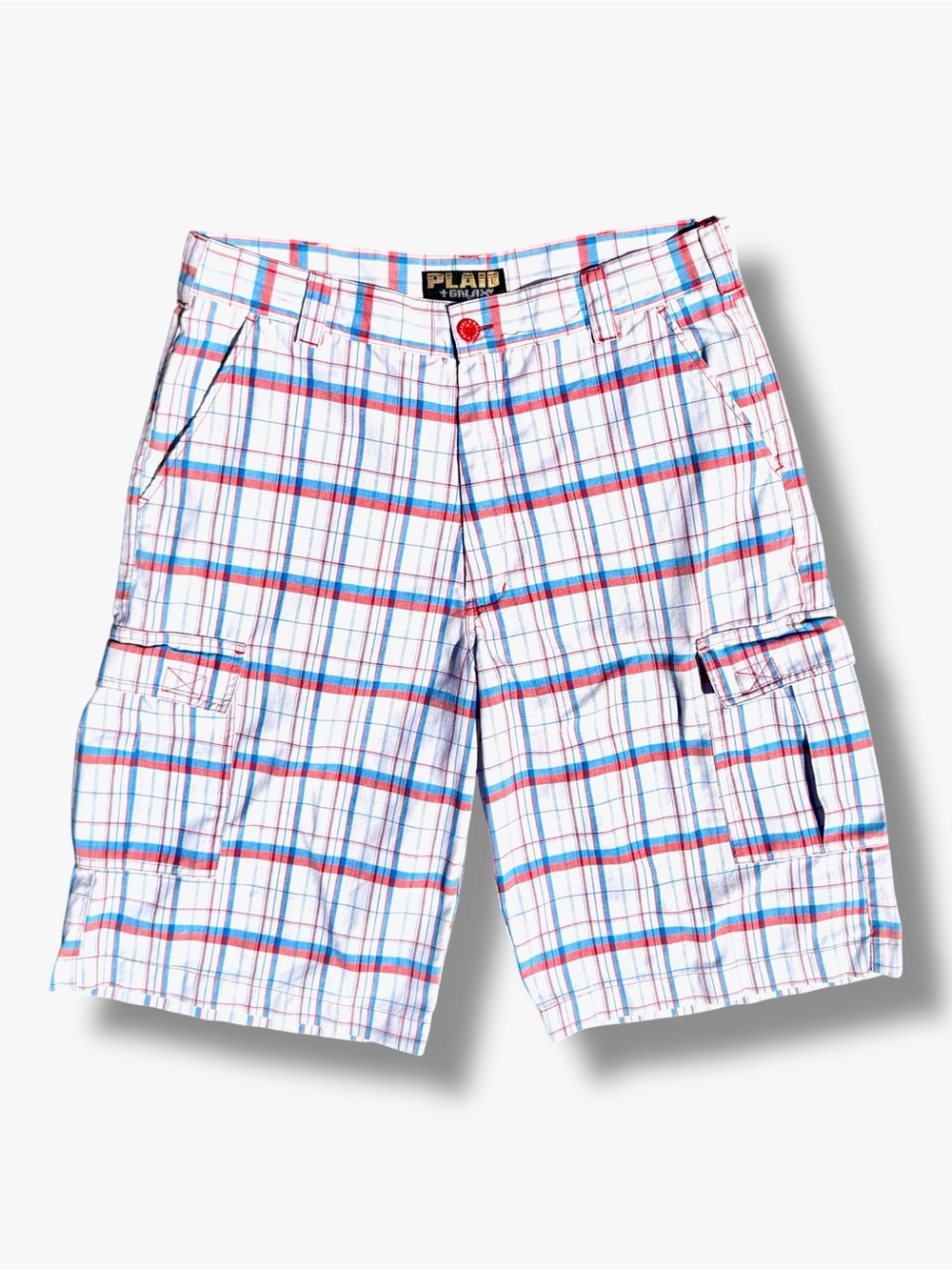 Y2K Plaid Galaxy by Marvin Red Blue White Plaid Cargo Shorts Men’s Approx 34